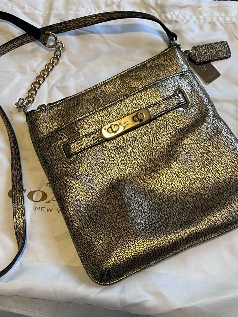 Coach Swagger Swingpack Metallic Gold Crossbody Bag with Turnlock Detail and bag